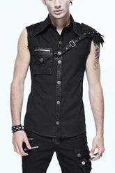 ブラック ノースリーブ ツイル ワンショルダー アーマー ヒート シール メンズ パンク シャツ